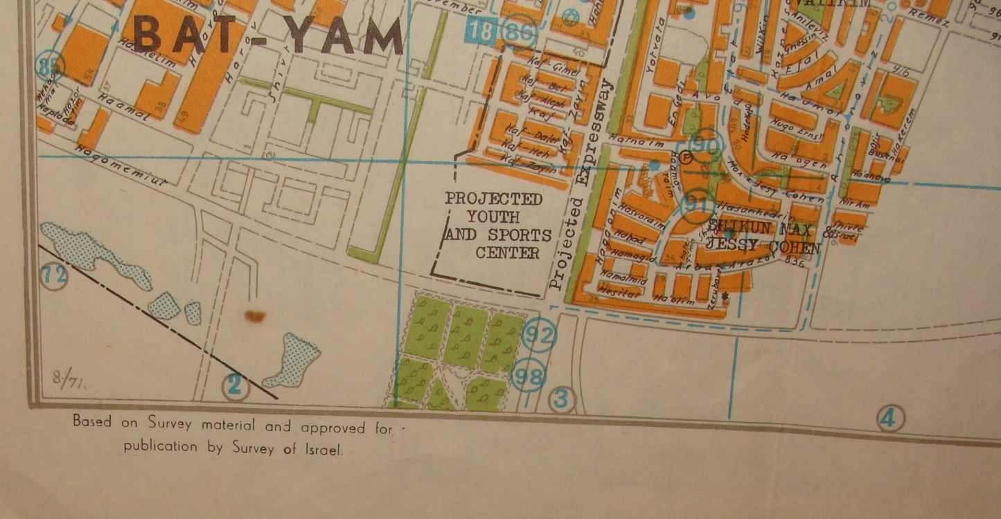 Jewish Judaica Israel TEL AVIV JAFFA RAMAT GAN HOLON BNEI BRAK GUSH DAN Map 1972