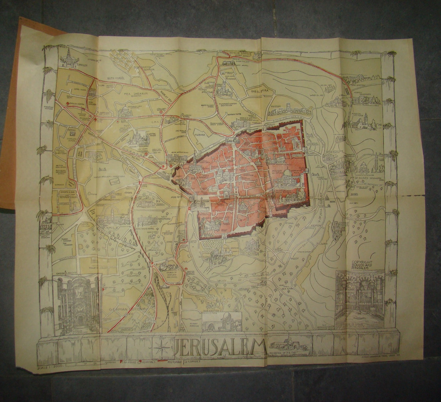 RARE Jewish Palestine Eretz Israel Jerusalem Guide Map Syrian Orphanage 1940's