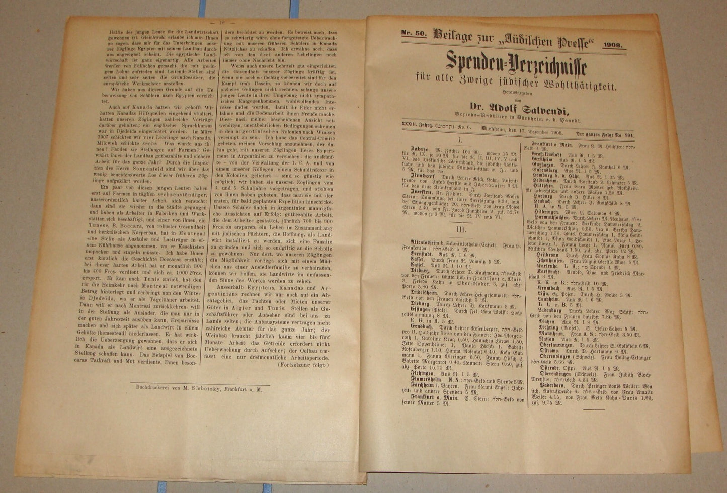 Germany Newspaper Jewish RARE Judaica German Spenden Verzeichnisse 1908 Salvendi