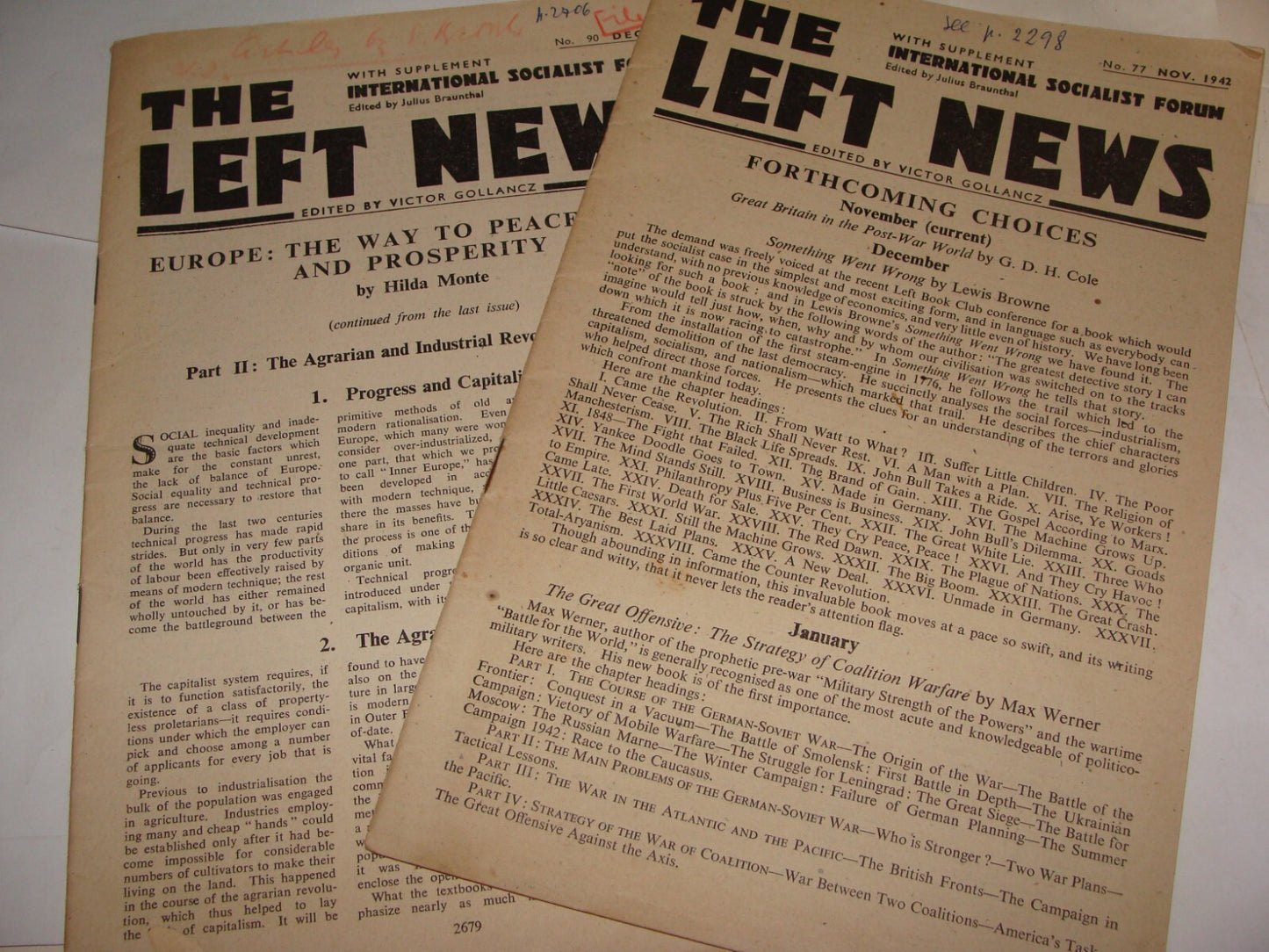 1942-3 THE LEFT NEWS Journal x2 International Socialist Forum Victor Gollancz