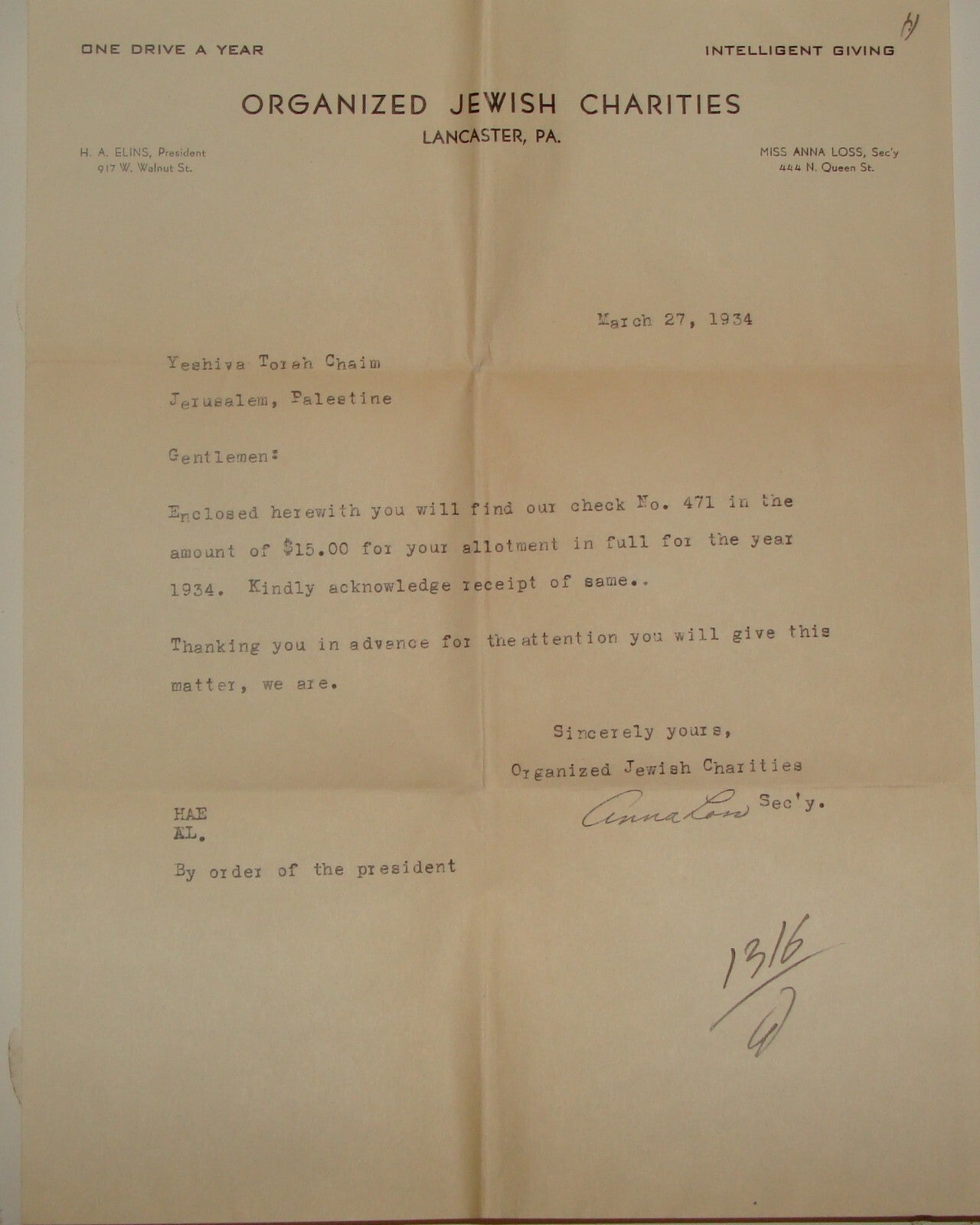 Letter Jewish American Judaica 1934 Organized Charities Lancaster Pennsylvania