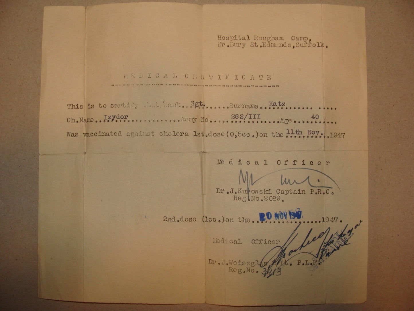 Jewish Soldier 1947 British Polish Army Military Certificate KATZ Suffolk
