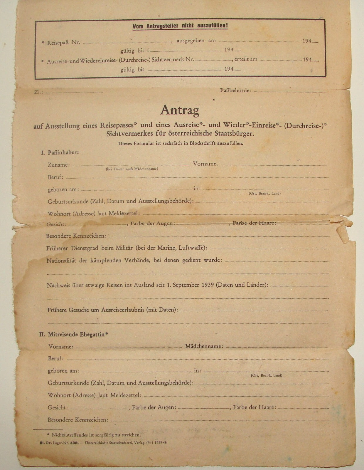 1940s WWII Austria Pass Port Visa Application Form Reisepass German