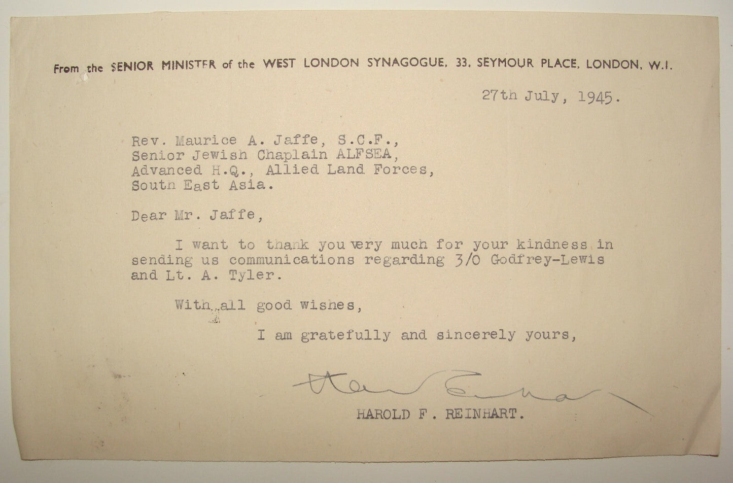 Jewish Judaica WW2 1945 British Army Brigade Rabbi Jaffe West London