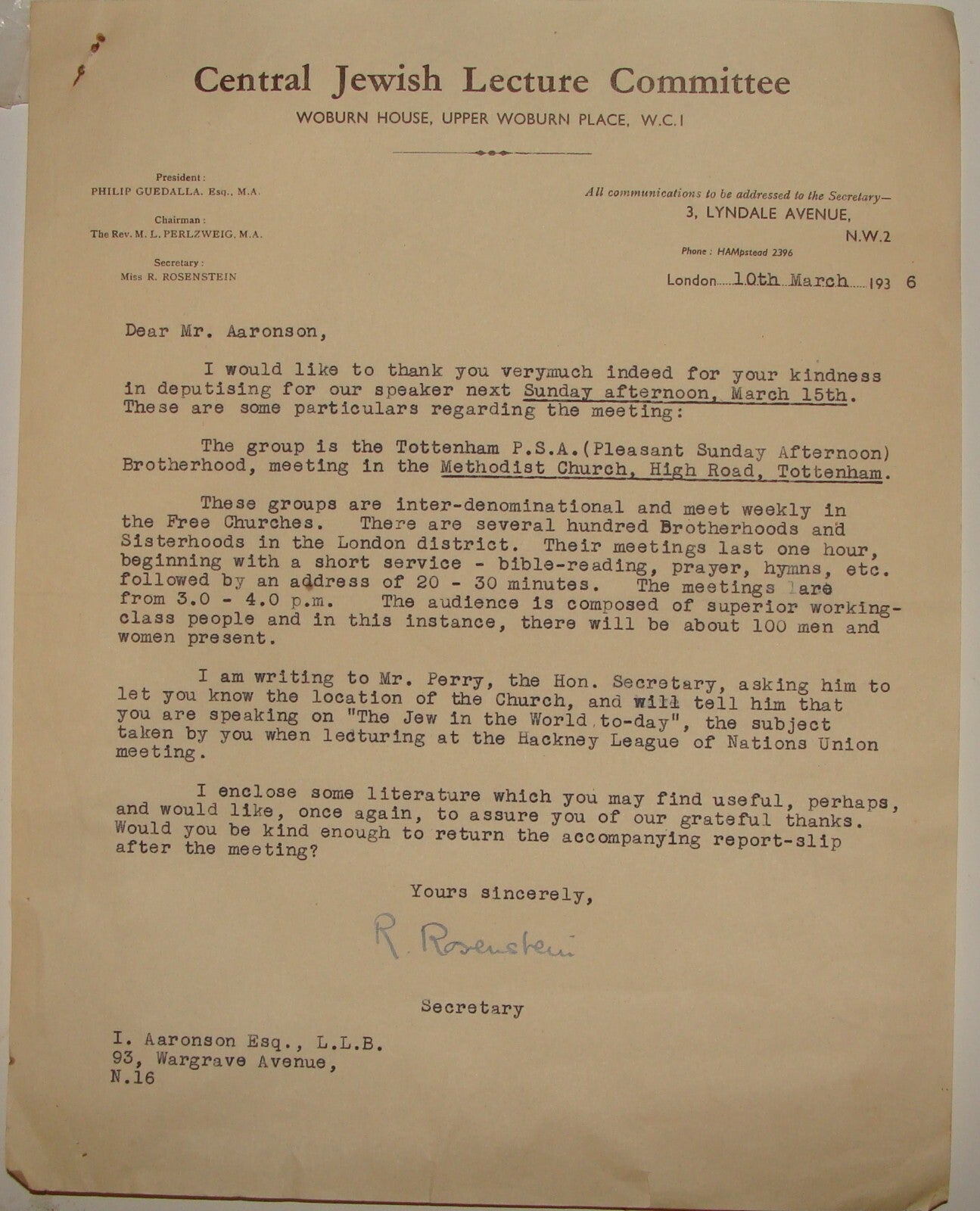 Letter Jewish 1936 Judaica Central Lecture Committee Britain England London