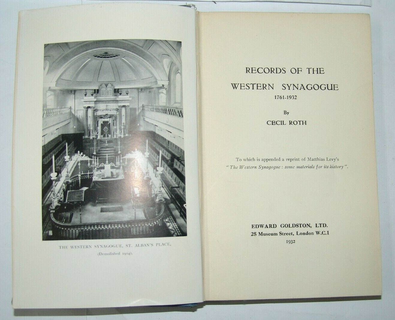 Book Jewish Judaica Records of the Western Synagogue CECIL ROTH London 1932
