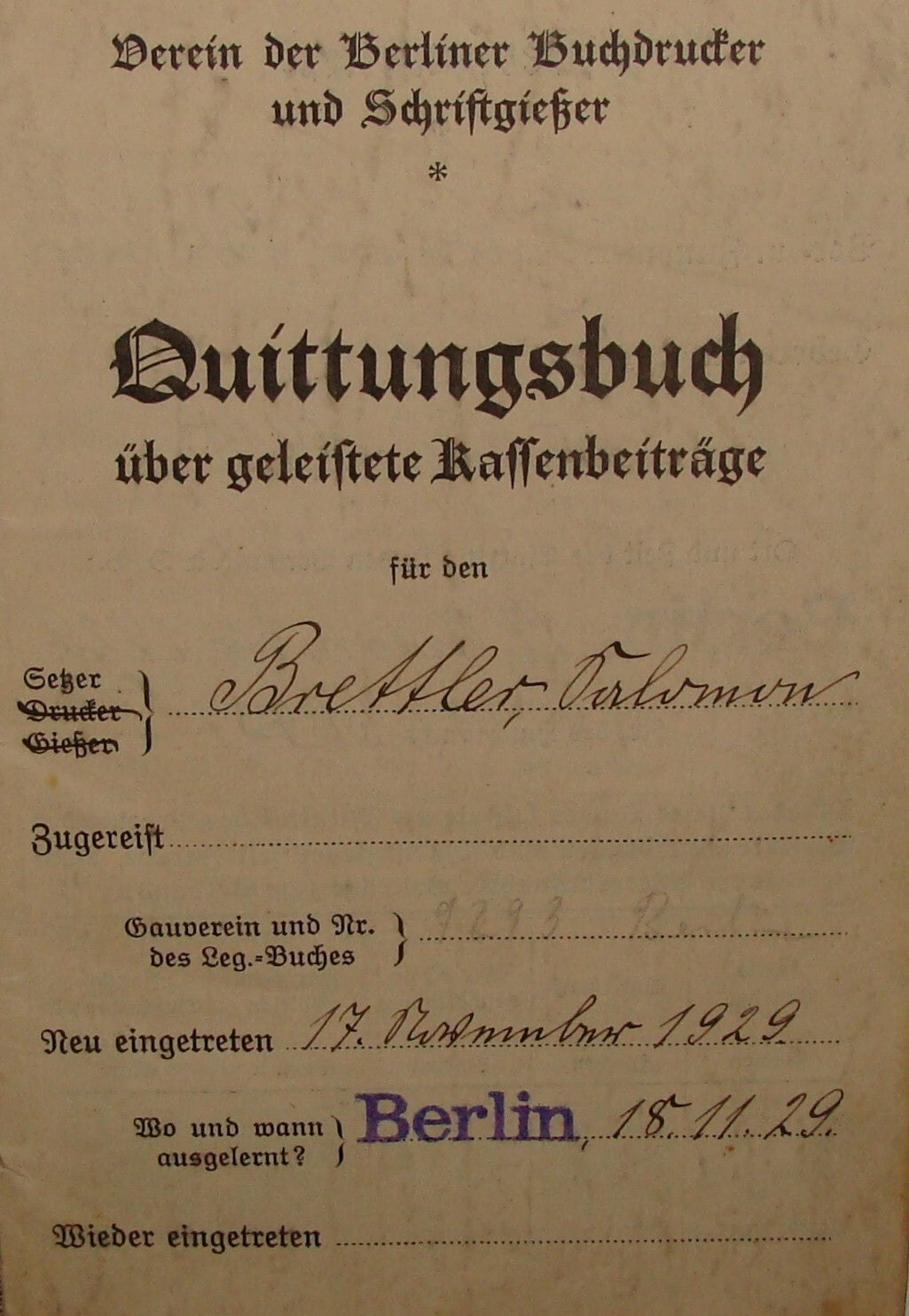 Germany 1920s German Berlin Book Printers Association Document quittungsbuch