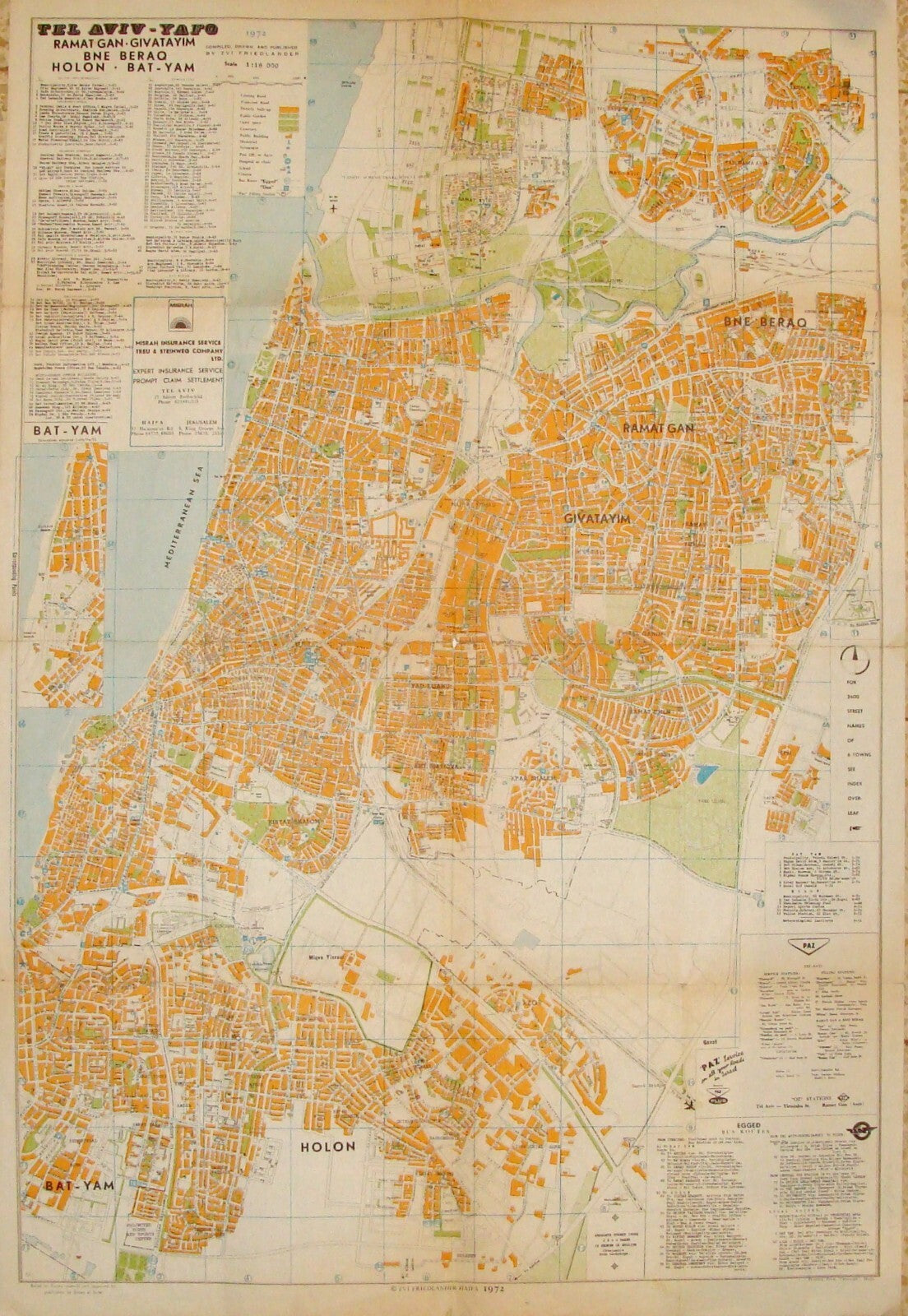 Jewish Judaica Israel TEL AVIV JAFFA RAMAT GAN HOLON BNEI BRAK GUSH DAN Map 1972