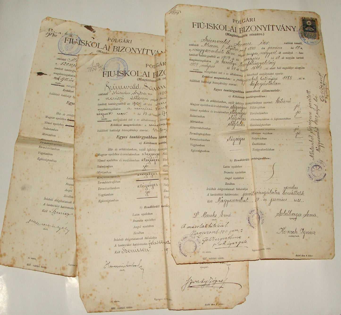 Stamp Jewish 1910s Hungary High School Certificate Diploma x3 Judaica ?