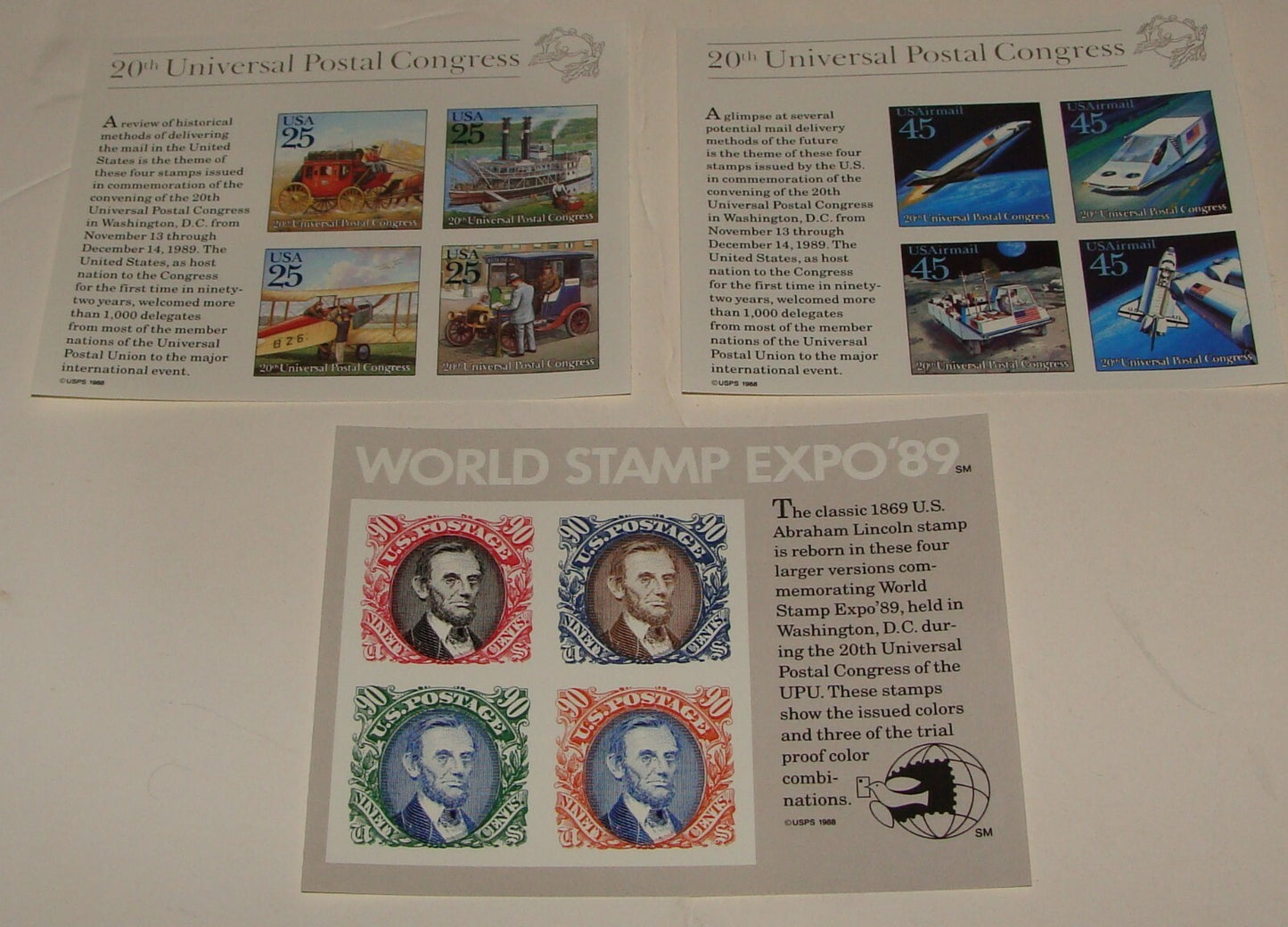 1988 United States Universal Postal Congress Stamp Souvenir x3 MNH
