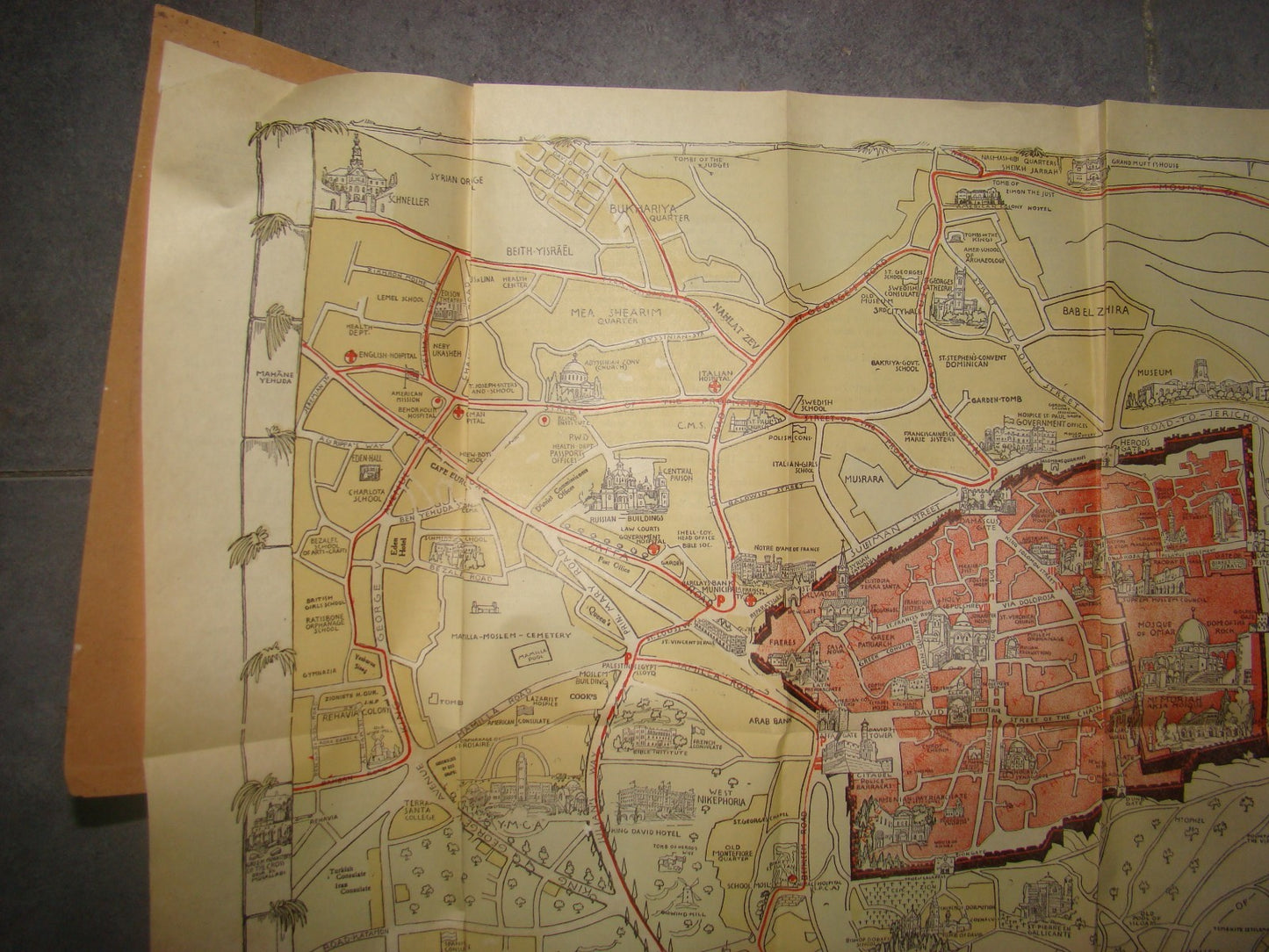 RARE Jewish Palestine Eretz Israel Jerusalem Guide Map Syrian Orphanage 1940's
