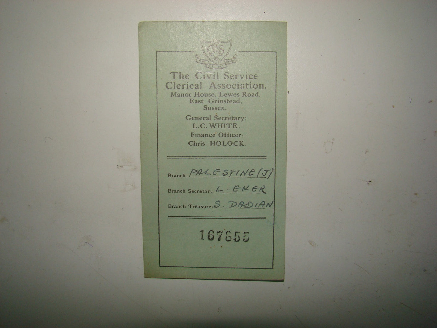 card Palestine jewish 1946 civil service clerical association CSCA british ID