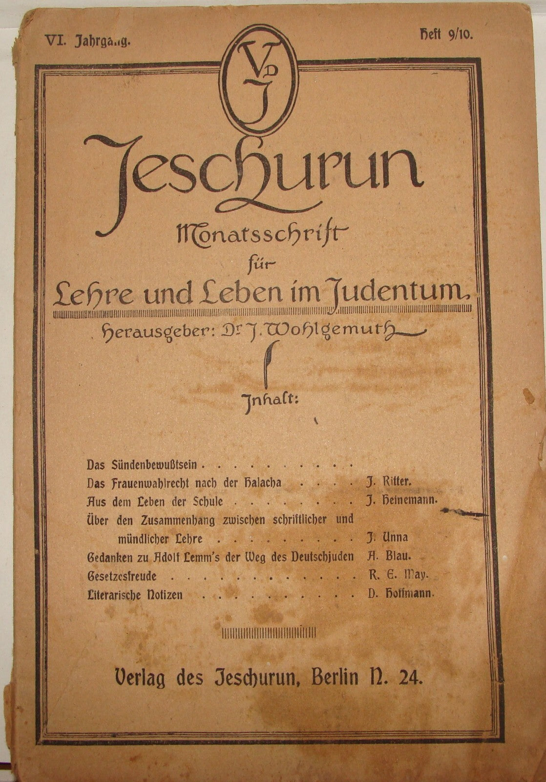 Germany Jewish Judaica Berlin JESCHURUN 1919-20 Hebrew German Rabbi Orthodox X7