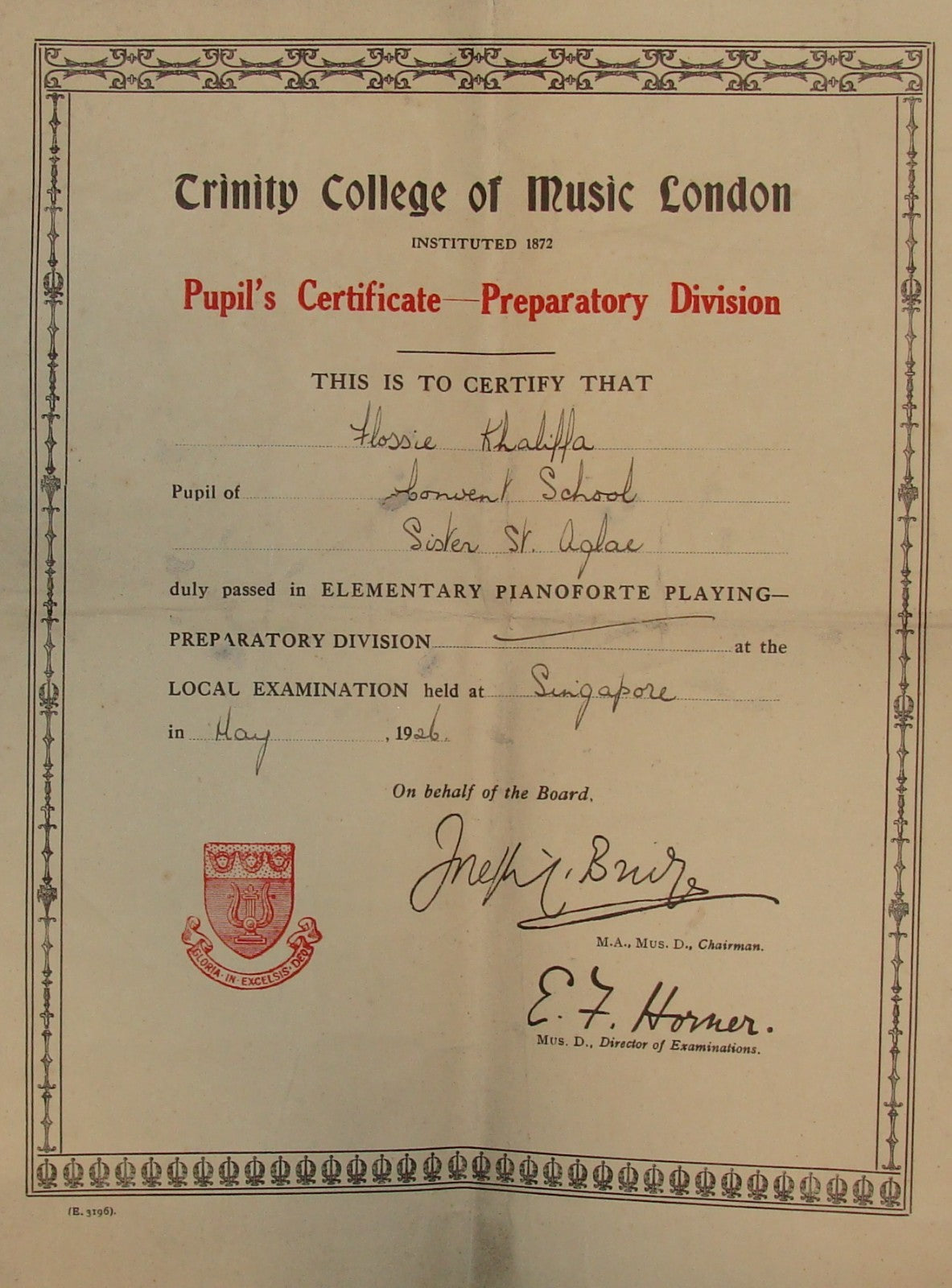1926 Trinity College Music of London Certificate Diploma Singapore KHALIFFA