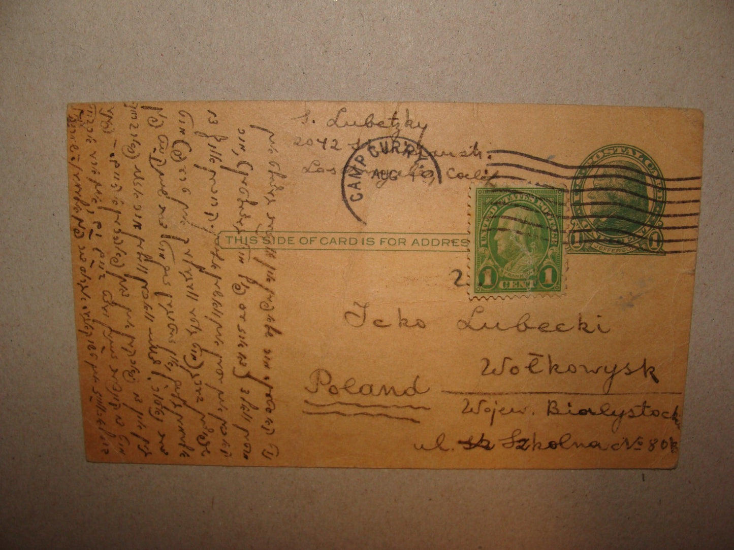 Card Jewish 1929 Yiddish Letter Postcard United States To Poland Volkovysk