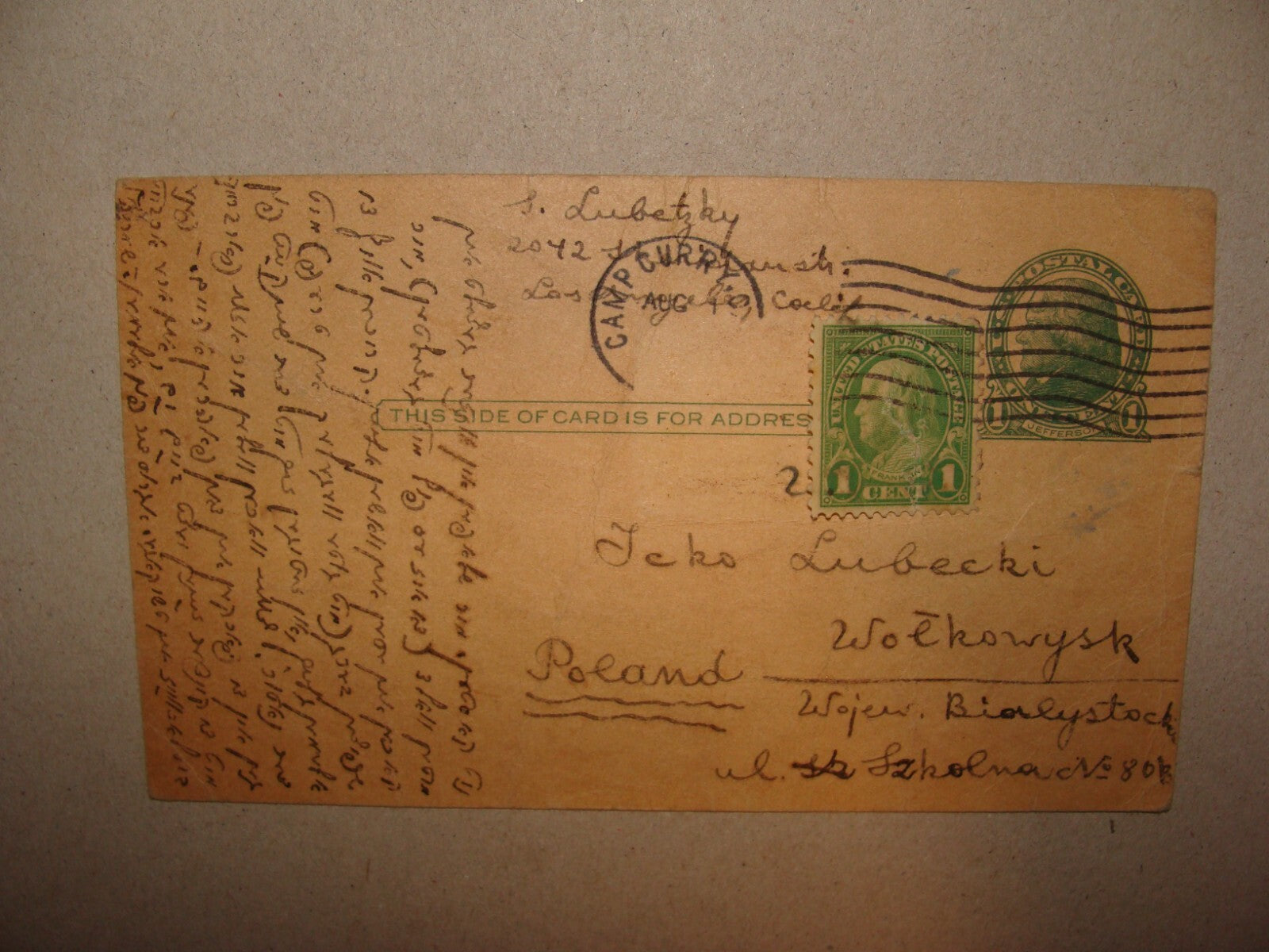 Card Jewish 1929 Yiddish Letter Postcard United States To Poland Volkovysk