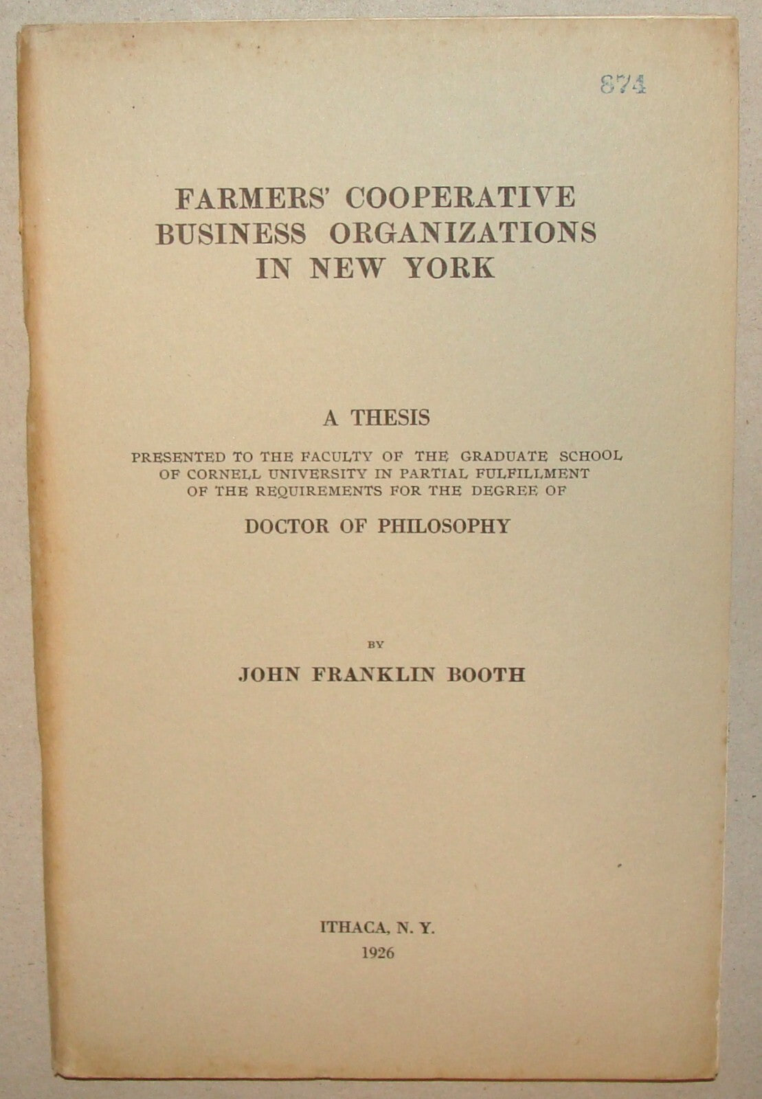 FARMERS COOPERATIVE BUSINESS NEW YORK Cornell University Philosophy Agriculture