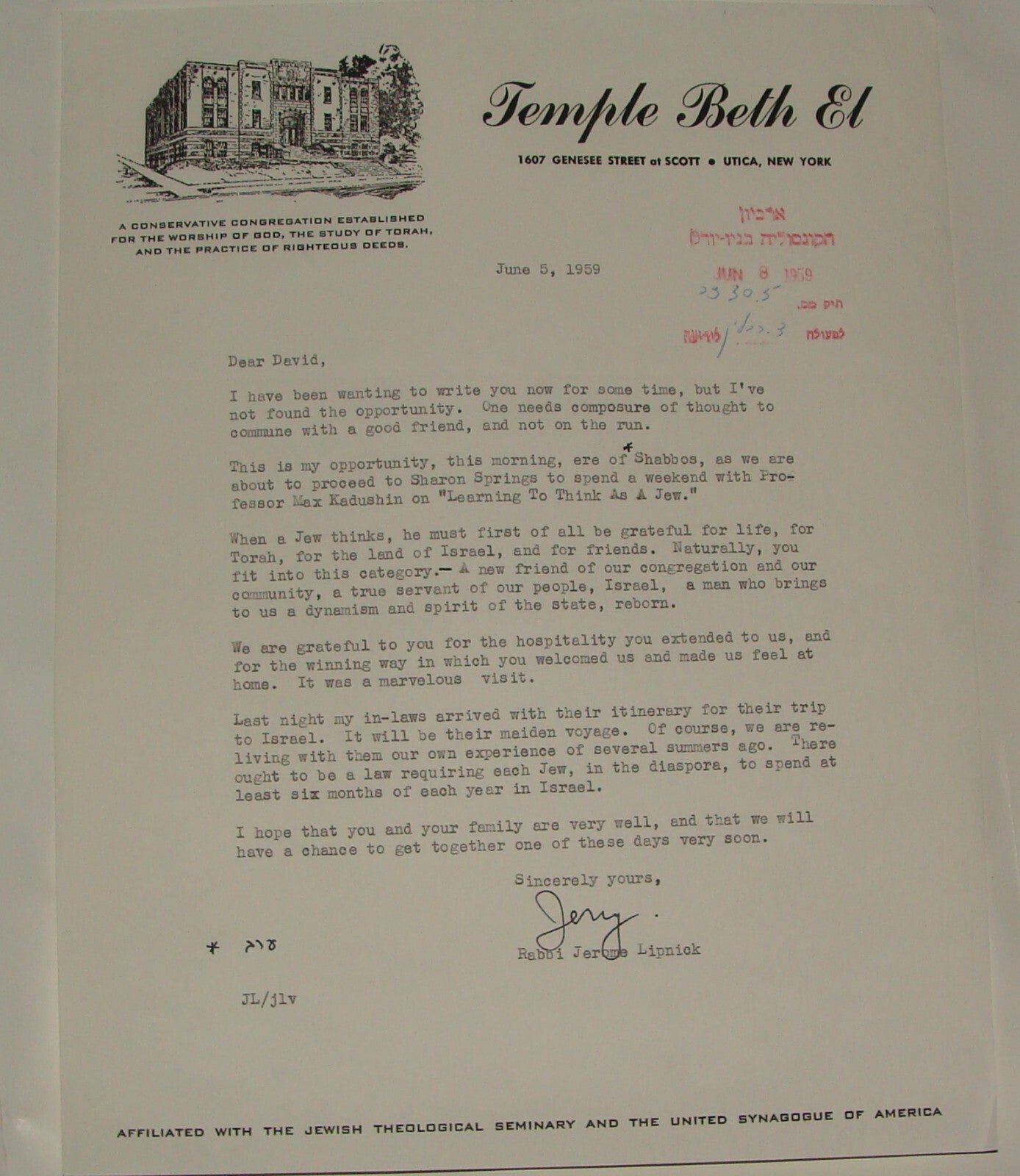 $ Letter Jewish American Judaica Rabbi Jerome Lipnick Signed Temple Beth El NY