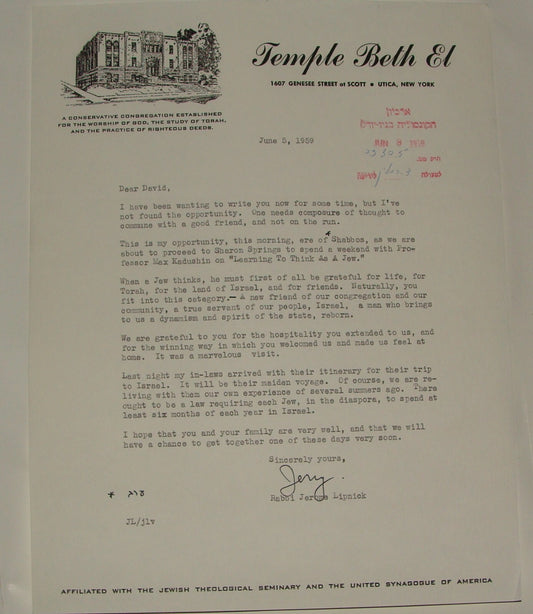 $ Letter Jewish American Judaica Rabbi Jerome Lipnick Signed Temple Beth El NY