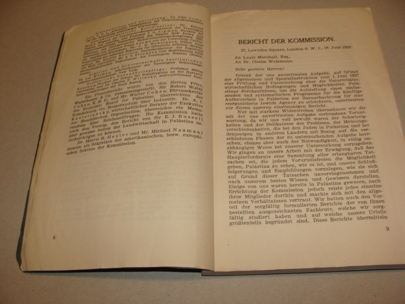 Report Palestine RARE 1928 London Joint Survey Commission German Jewish Zionist