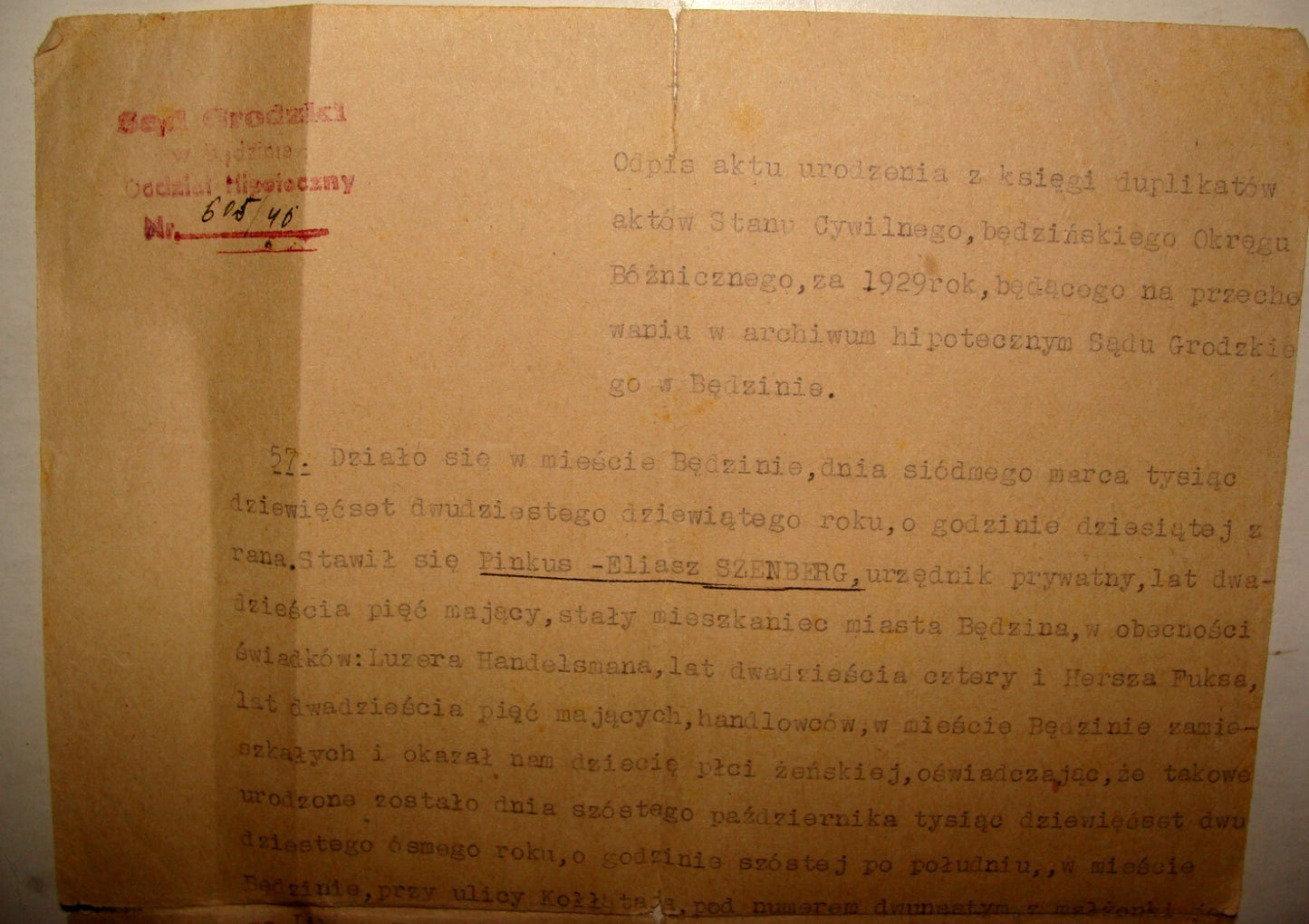 Document Jewish Judaica 1920s Poland Bedzin Court Letter SZENBERG Synagogue