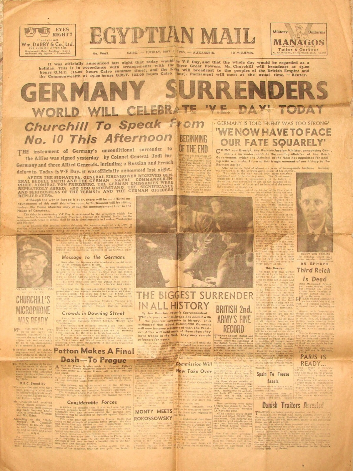 Germany RARE WW2 1945 Egyptian Mail Newspaper   SURRENDERS War End Egypt Army