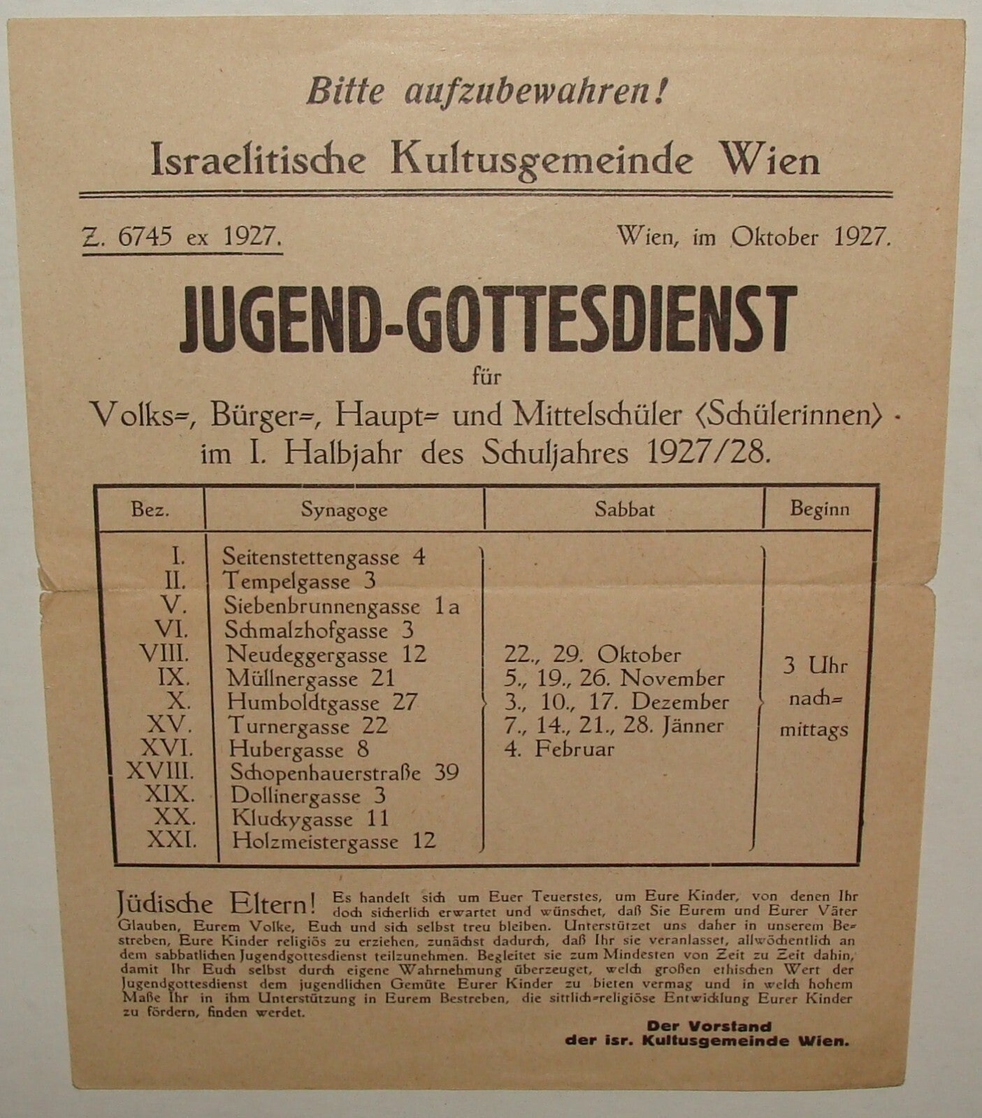 Letter Jewish Judaica 1927 German Austria Vienna Wien School Synagogue