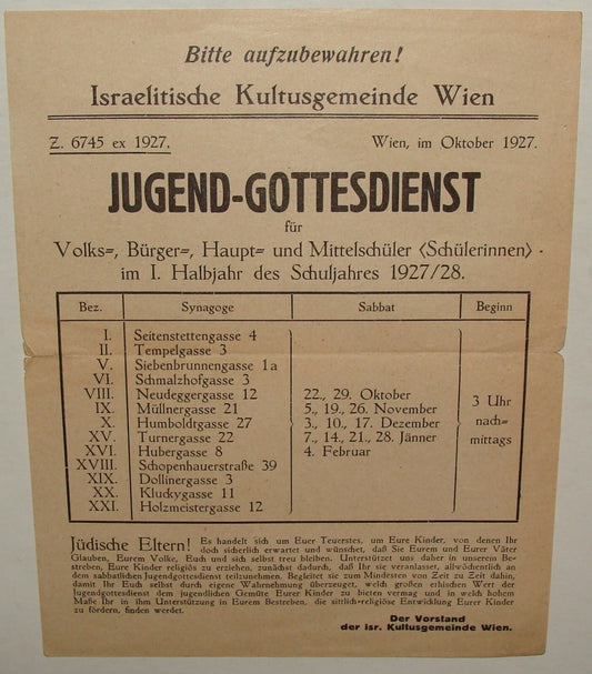 Letter Jewish Judaica 1927 German Austria Vienna Wien School Synagogue