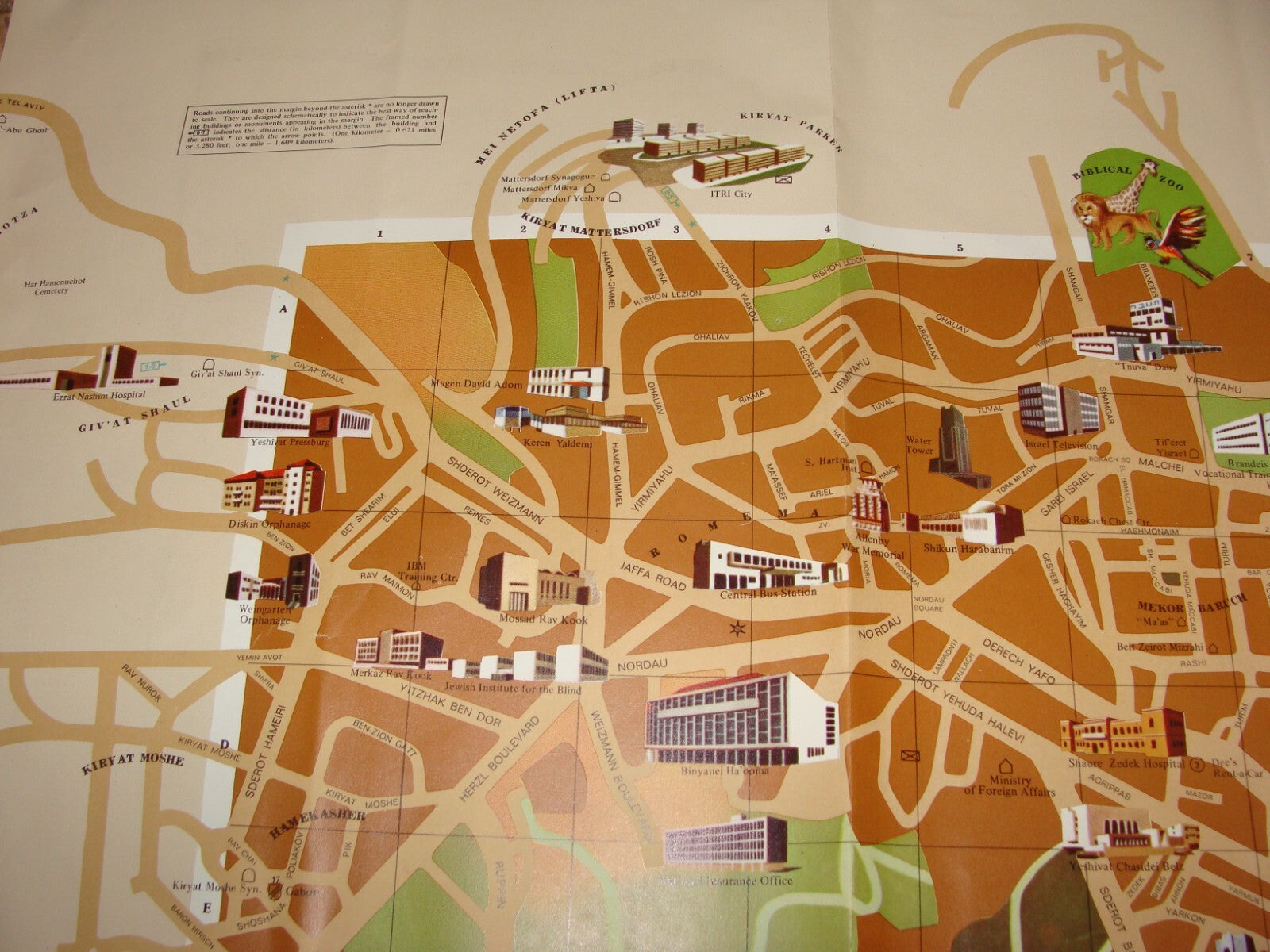 Jewish Israel JERUSALEM Pictorial Map AMIR 1972 BIKUR CHOLIM HOSPITAL Guide Info