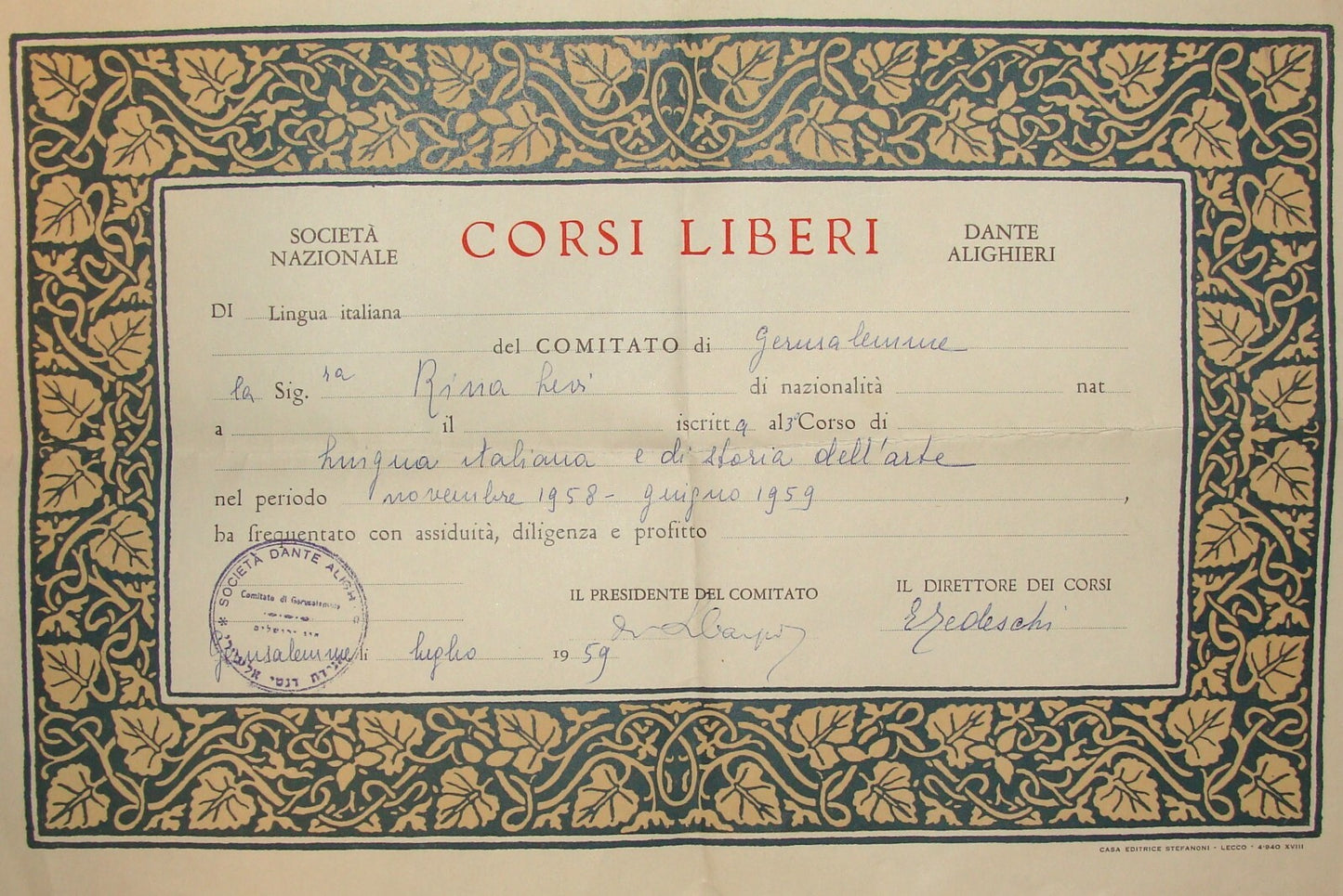 Card Jewish 1950s Israel Israeli Dante Alighieri Society Certificate Italy