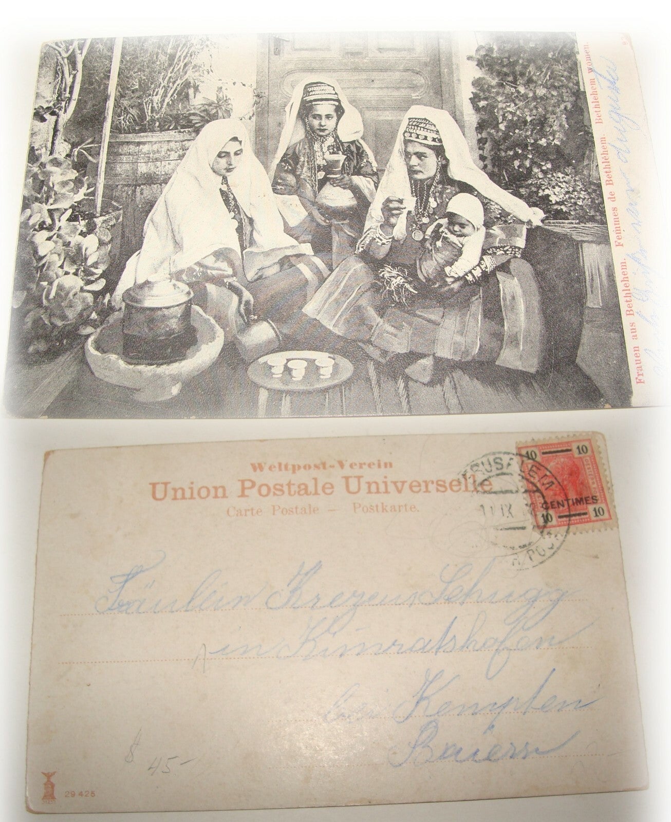 Photo Palestine Card Antique 1898 Bethlehem Women Postcard Ottoman Austria Post