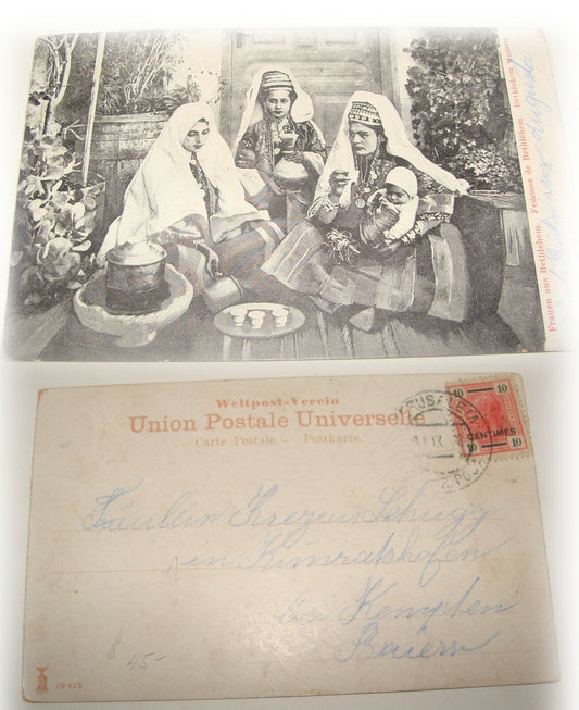 Photo Palestine Card Antique 1898 Bethlehem Women Postcard Ottoman Austria Post