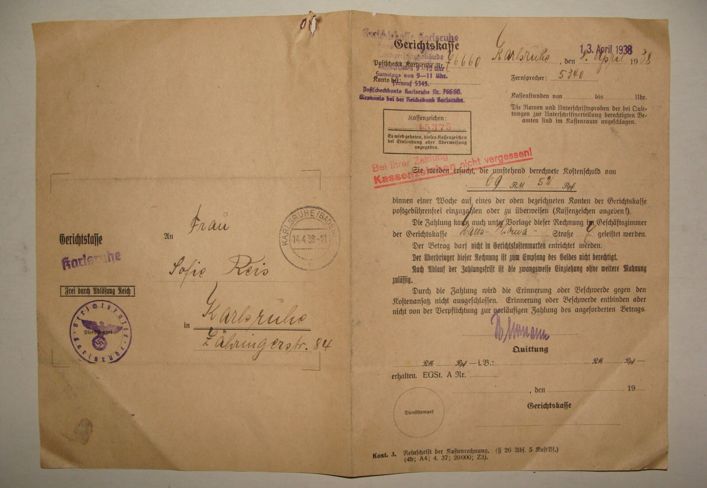 Germany Letter Jewish REIS 1938 German Third Reich Stamp Court Karlsruhe Judaica