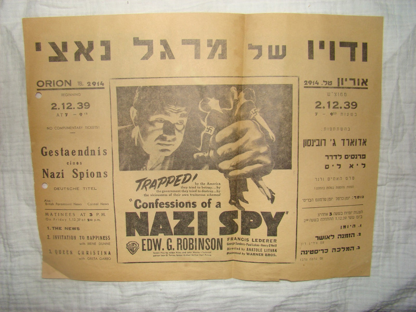 Ad Palestine 1939 Confessions of a Nazi Spy Film Movie Hollywood Hebrew Poster