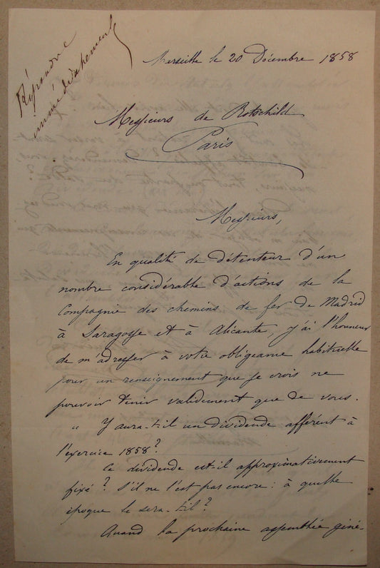 Letter Jewish 1858 France French Marseille Bank ROTHSCHILD Spain Railway