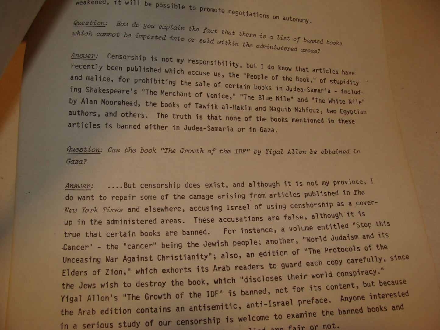 Jewish ISRAEL 1982 Israeli Foreign Affairs Brief Arab West Bank Palestine PLO