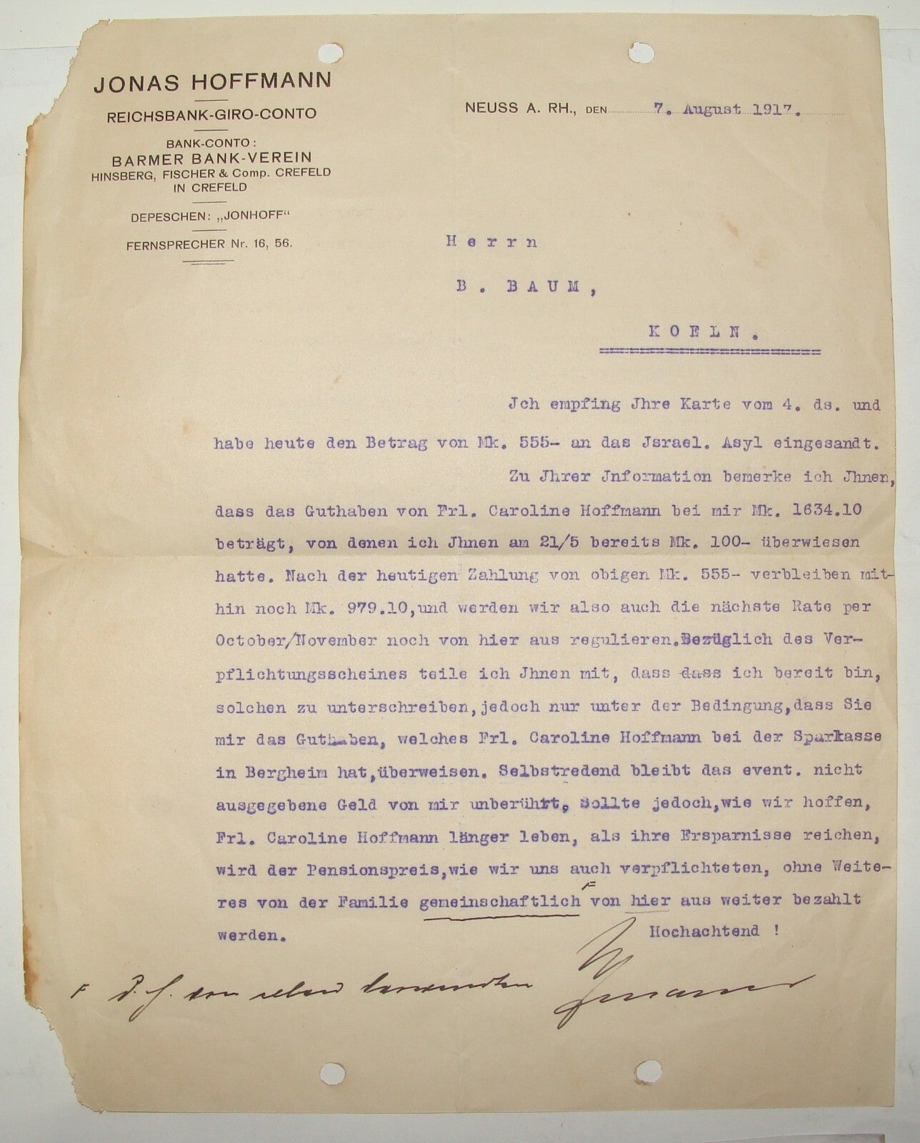 Germany Letter Jewish Judaica 1917 German   JONAS HOFFMANN