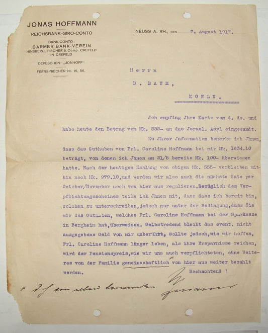 Germany Letter Jewish Judaica 1917 German   JONAS HOFFMANN