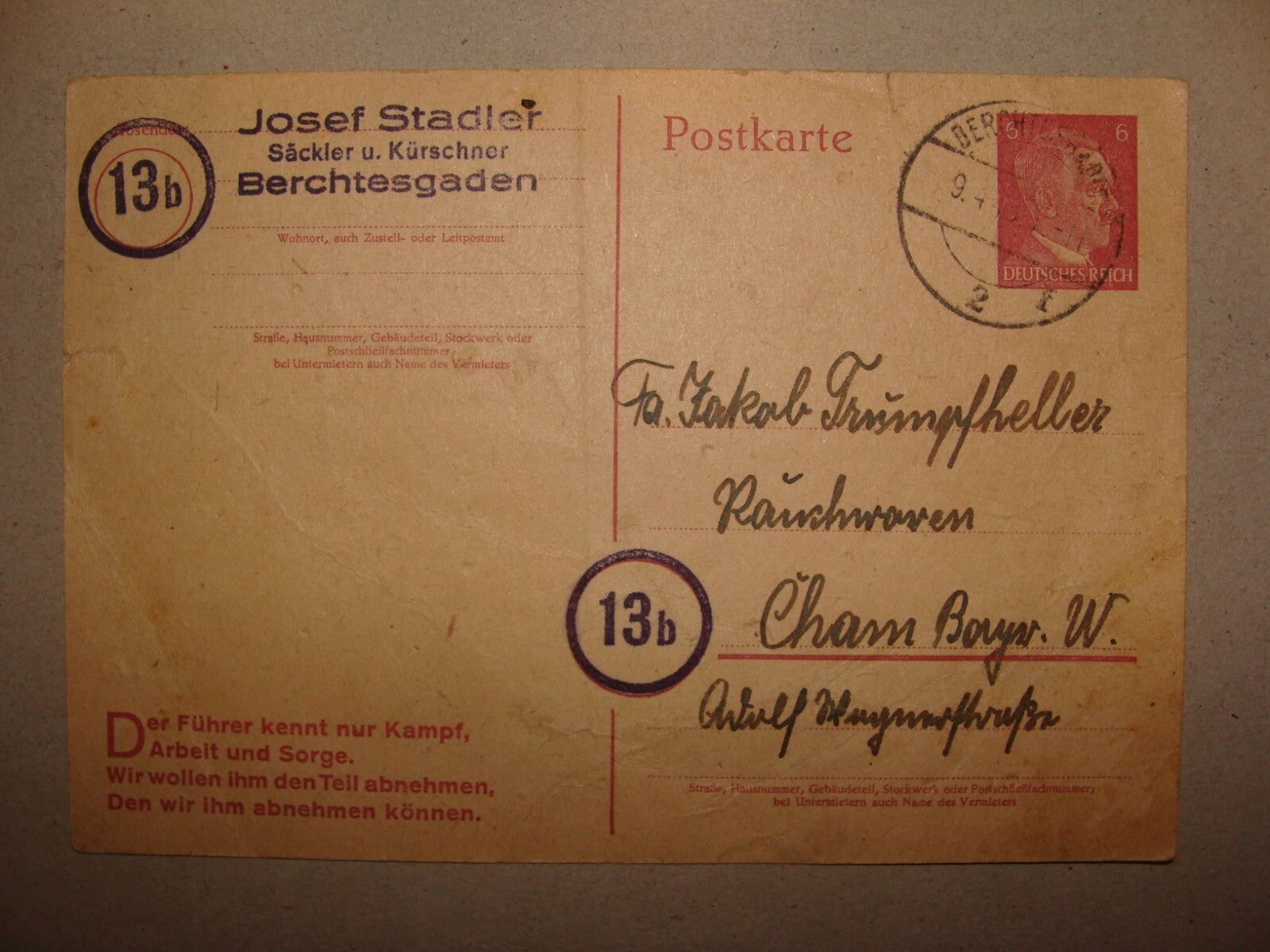 Germany 1945   WWII Postcard Letter Reich Stamp Berchtesgaden JAKOB TRUMPFHELLER