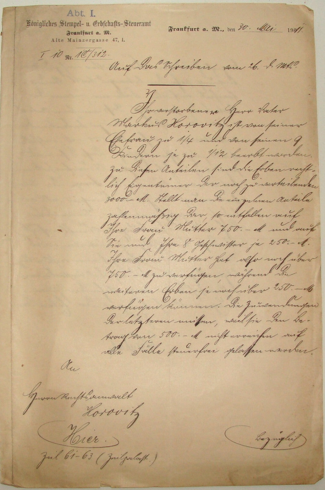 Germany Jewish Judaica 1911 German Frankfurt Certificate Manuscript HOROVITZ