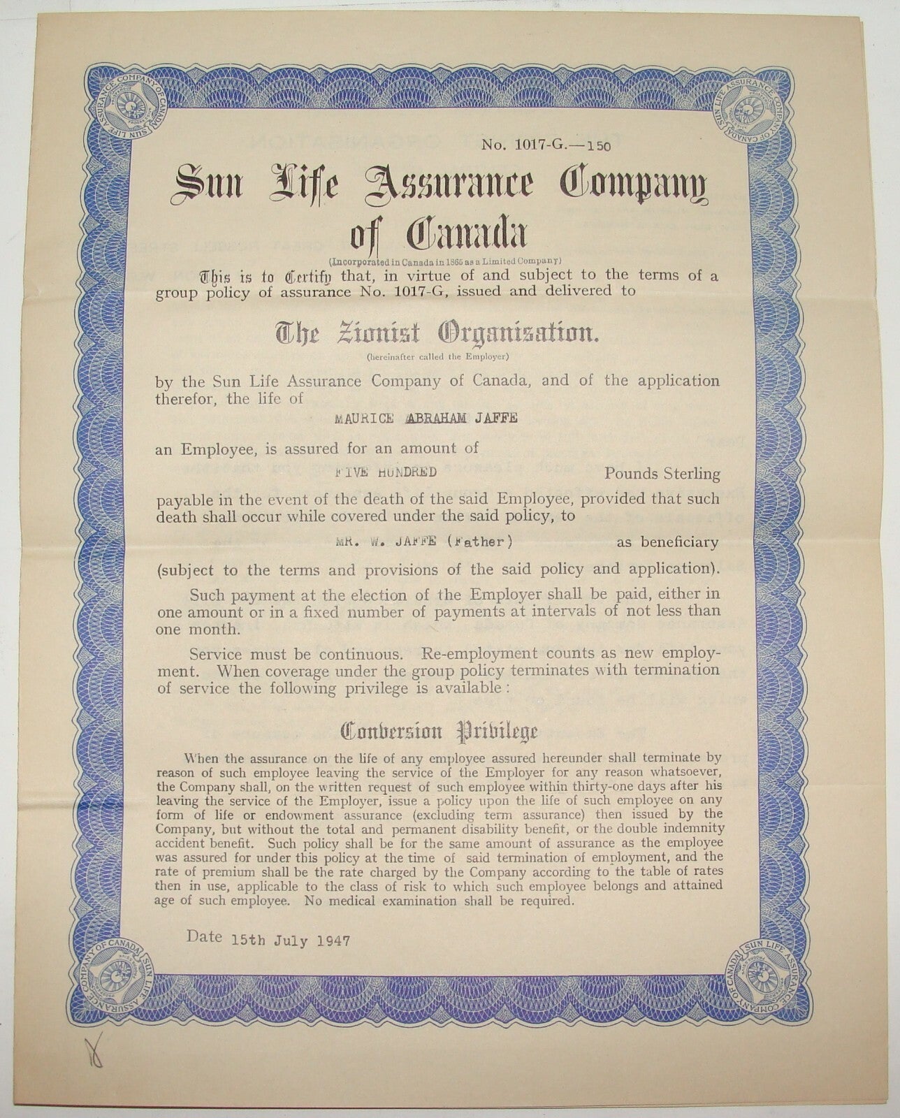 Ad Jewish Sun Life Assurance Company of Canada Zionist Organisation London 1947