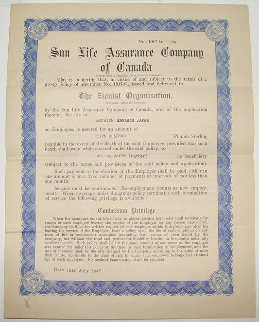 Ad Jewish Sun Life Assurance Company of Canada Zionist Organisation London 1947