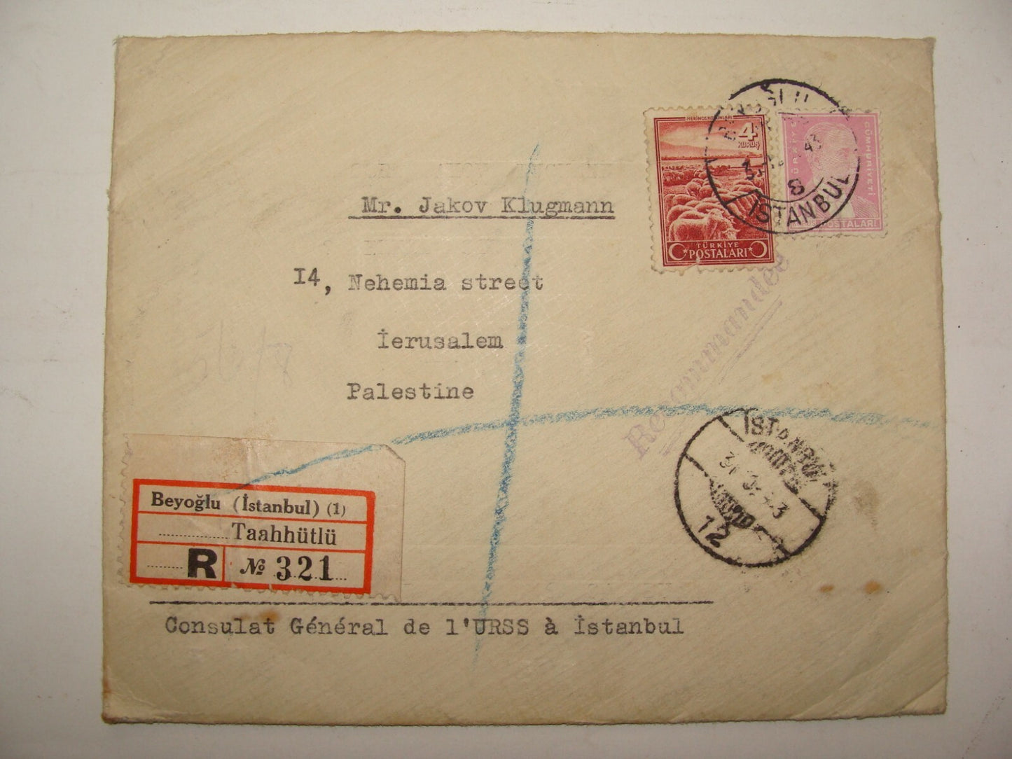 Stamp Palestine 1943 Cover Turkey Istanbul Russia Soviet CCCP