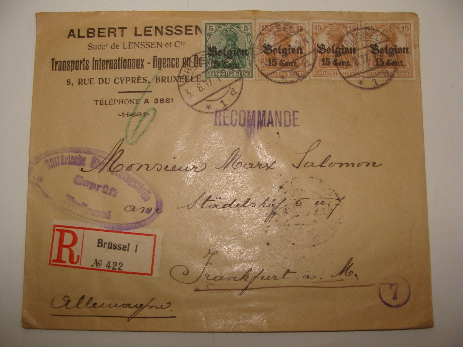 Germany 1917 Belgium Brussels ALBERT LENSSEN Stamp Cover To   Frankfurt