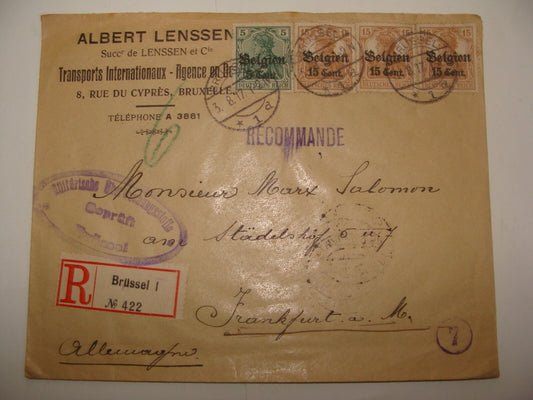 Germany 1917 Belgium Brussels ALBERT LENSSEN Stamp Cover To   Frankfurt
