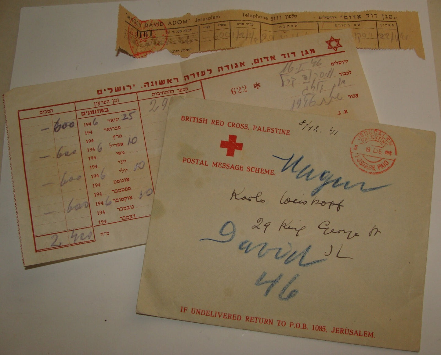 Letter Palestine 1941 British Red Cross Cover Stamp Jerusalem Hebrew Jewish WWII