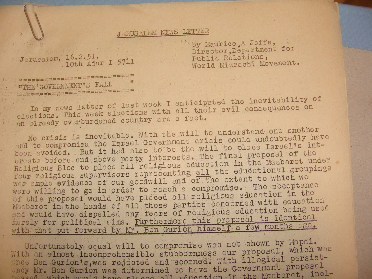 Letter Jewish RARE 1950-51 Israel Rabbi MAURICE JAFFE Jerusalem News x6 Zionist