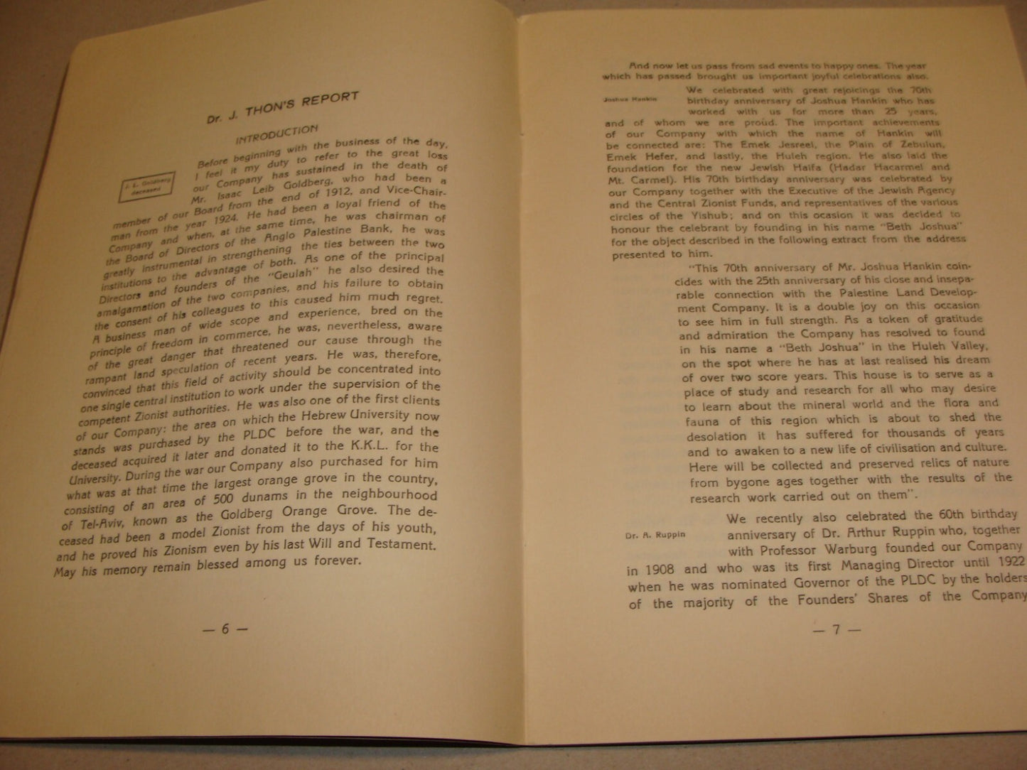 Report Palestine 1935 Israel Land Development Company London Jerusalem Zionist