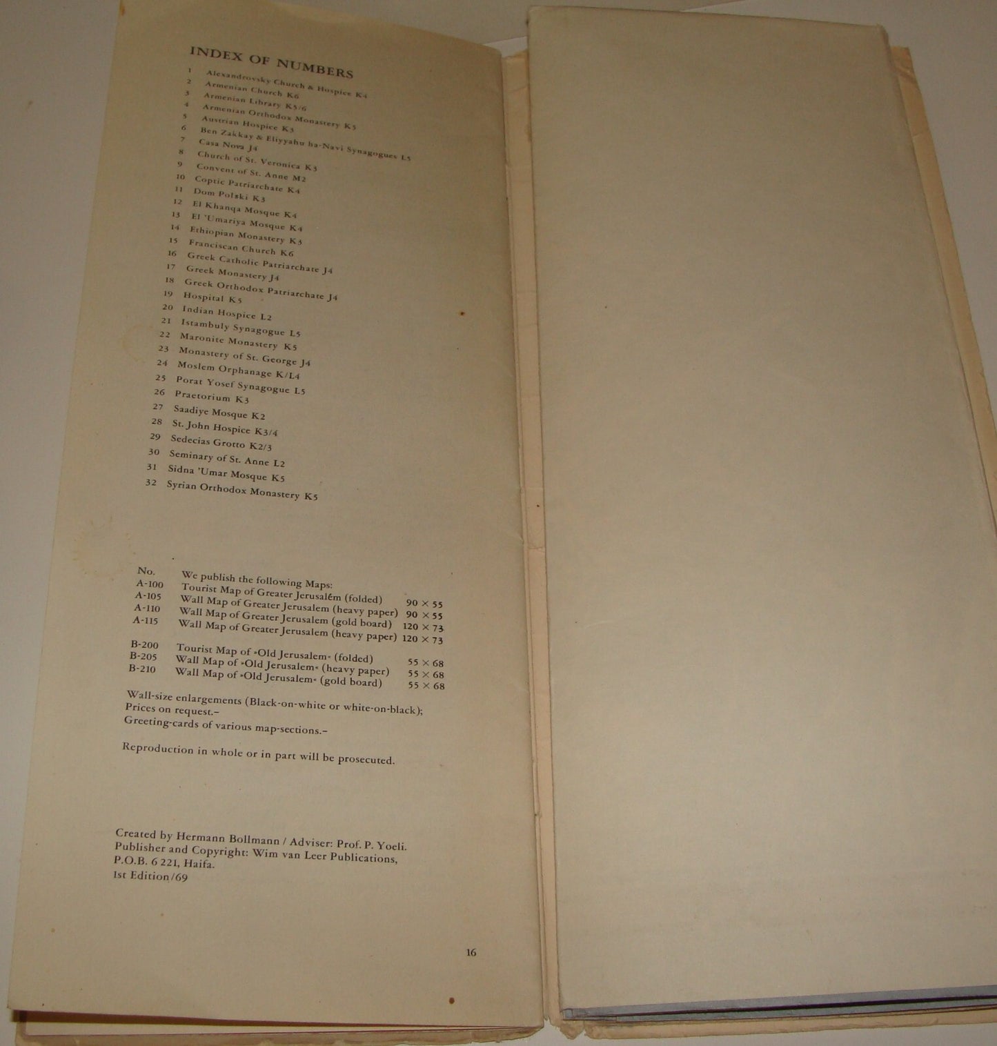 RARE Israel JERUSALEM Map 1969 Guide POST SIX DAY WAR Wim Van Leer BOLLMANN