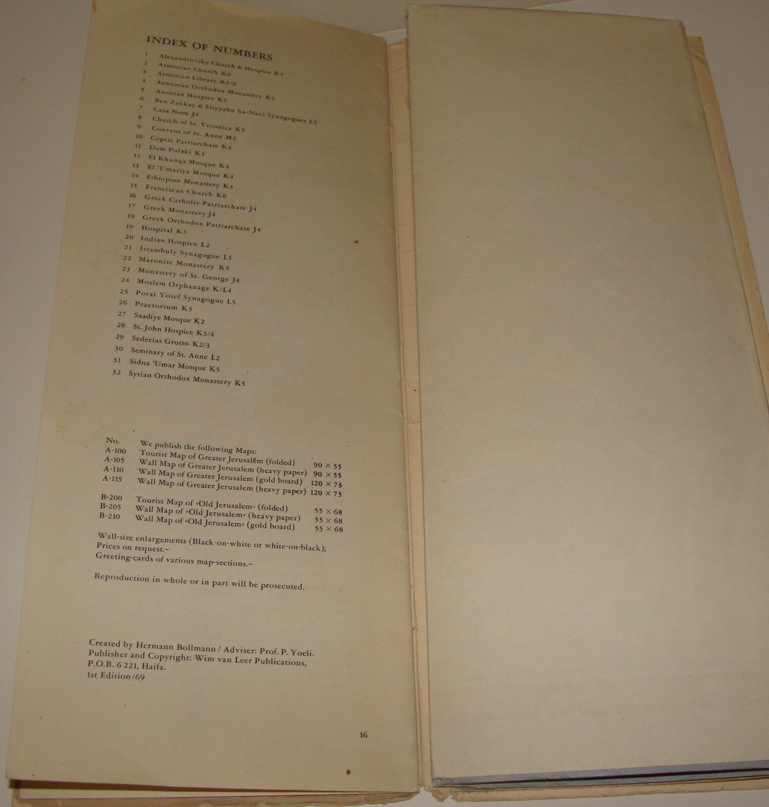RARE Israel JERUSALEM Map 1969 Guide POST SIX DAY WAR Wim Van Leer BOLLMANN